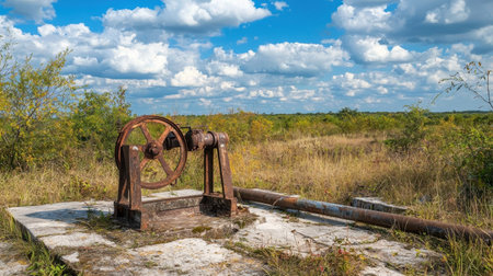 A rustic and weathered pumping station sits abandoned amidst a vibrant green grassland, with clouds floating above in a picturesque rural landscape.の素材