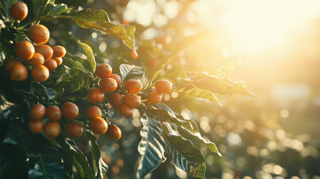 A captivating sunset illuminates vibrant orange fruits on lush green leaves, creating a serene and tranquil atmosphere in nature.の素材