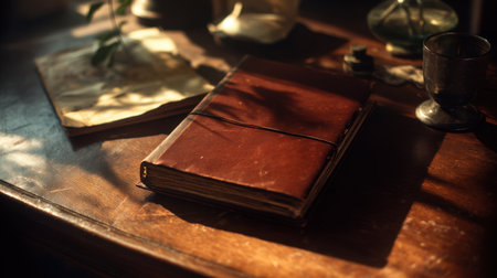 A vintage brown leather bound journal rests on a wooden table, bathed in warm sunlight and soft shadows, evoking a sense of nostalgia and creativity.の素材