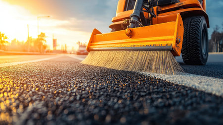 A vibrant street sweeper cleans a paved road at sunset, showcasing urban maintenance and environmental care in action. The bright orange machinery contrasts beautifully with the dark asphalt surface, highlighting the importance of cleanliness in urban settings.の素材