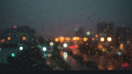This image captures raindrops on a window, creating a beautiful interplay with blurred city lights during a rainy evening, evoking feelings of calm and introspection.の素材