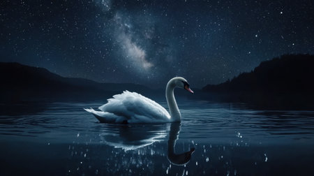 A stunning image of a graceful swan gliding on calm water beneath a mesmerizing starry night sky. The Milky Way illuminates the dark backdrop, creating an ethereal scene of tranquility and beauty.の素材