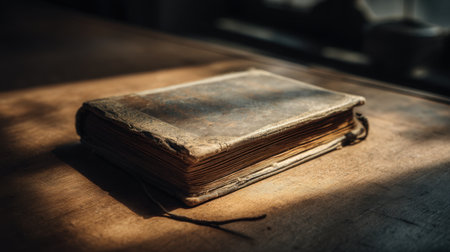 A vintage leather-bound book rests on a wooden table, bathed in soft natural light. The warm tones and textures evoke nostalgia and a love for literature.の素材