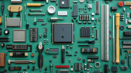 A vibrant flat lay of diverse electronic components meticulously arranged on a bright circuit board. Perfect for illustrating technology and engineering concepts.の素材