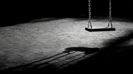 A solitary swing hangs in a dimly lit playground, casting long shadows on the ground, evoking feelings of nostalgia and solitude. The scene captures a moment of stillness, inviting contemplation and reflection.の素材