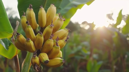 A close-up image of fresh yellow bananas growing in a lush tropical setting, illuminated by warm sunlight, highlighting their natural beauty and freshness.の素材