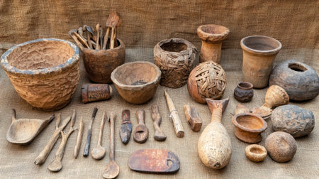 A captivating arrangement of handcrafted wooden bowls and utensils showcasing artistry and tradition. Each piece reflects a unique craftsmanship and organic beauty.の素材