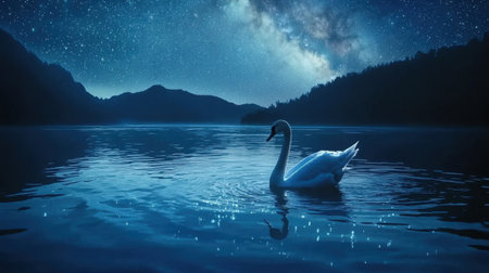 A stunning image of a graceful swan gliding across a calm lake, illuminated by a breathtaking starry sky and majestic mountains in the background.の素材