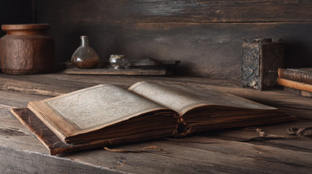 An antique open book sits elegantly on a rustic wooden table, surrounded by vintage objects. The warm, dim ambiance invites exploration of history and knowledge.の素材