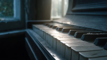 A close-up view of dusty piano keys illuminated by soft sunlight in an abandoned setting, evoking nostalgia and warmth. The image captures the beauty and decay of time.の素材