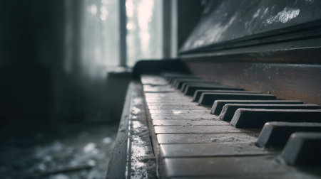 A close-up view of dusty piano keys in a derelict room, illuminated by soft natural light from a nearby window, evoking a sense of nostalgia.の素材