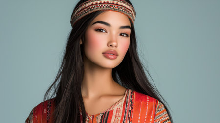 Captivating portrait of a confident model showcasing ethnic fashion styles. Her long dark hair and colorful attire highlight cultural beauty and artistic flair.の素材