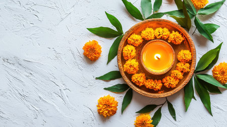 This beautiful arrangement features a candle surrounded by marigolds and leaves, creating a serene and festive atmosphere perfect for celebrations.の素材