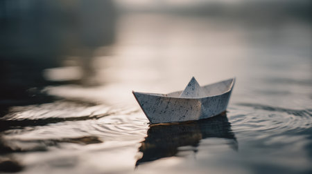 A delicate paper boat drifts gracefully on the still surface of water, creating gentle ripples. Soft light adds a dreamy ambiance to this serene scene.の素材