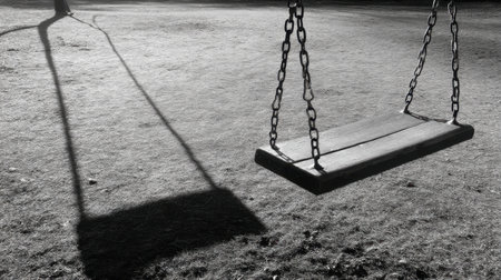 A solitary swing hangs from chains in a park, casting a long shadow on the grass below. This black and white image evokes feelings of tranquility and nostalgia, capturing the simplicity of outdoor leisure.の素材