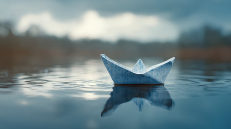 A delicate paper boat gracefully floats on still water, creating a serene atmosphere under an overcast sky, inviting reflection and imagination.の素材
