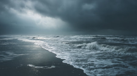 A stunning depiction of ocean waves rolling onto the shore under a dark, cloudy sky. The scene captures the serene yet dramatic mood of nature, highlighting the contrast between the turbulent waters and the tranquil atmosphere, perfect for evoking feelings of peace or introspection.の素材