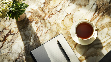 A serene workspace featuring a cup of tea, a notebook, and a flower on a marble table. Perfect for capturing moments of relaxation and creativity.の素材