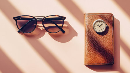 A flat lay of stylish sunglasses and a leather wallet with a watch on a pink surface. The composition features elegant shadows, adding depth and warmth to a modern lifestyle aesthetic.の素材