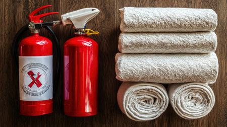 A collection of fire safety equipment, featuring red fire extinguishers and rolled fire blankets, ideal for emergency preparedness and effective fire prevention.の素材