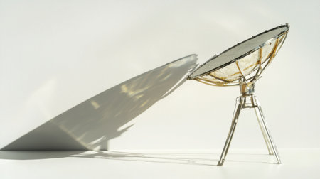 This image displays a modern satellite dish featuring an innovative design, casting a striking shadow on a white surface, illustrating technology and functionality.の素材