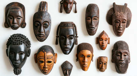 A captivating display of ethnic wooden masks showcasing intricate designs and diverse expressions, perfect for cultural art enthusiasts or home decor.の素材
