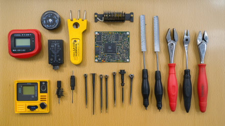 A comprehensive arrangement of electronic tools and components, including measuring devices, pliers, and a circuit board, ideal for electronics repair and DIY projects.の素材