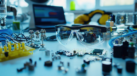 A detailed view of a workspace featuring electronic components, safety goggles, and tools, showcasing a passionate environment for innovation and technology.の素材