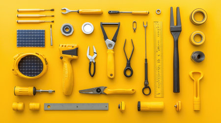 A vibrant flat lay of various hand tools arranged on a bright yellow background, perfect for DIY enthusiasts and hardware projects. This collection features essential items for repair and maintenance tasks.の素材