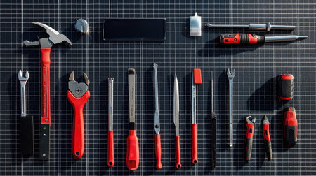 A well-organized layout of various tools on a dark surface, featuring a smartphone among essential items for repair and craftsmanship. Perfect for DIY enthusiasts.の素材