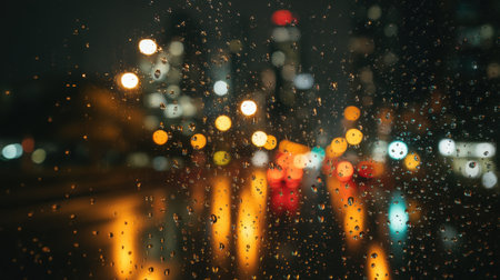 A captivating view of city lights seen through a rain-speckled window at night, creating a beautiful bokeh effect with vibrant colors and reflections.の素材
