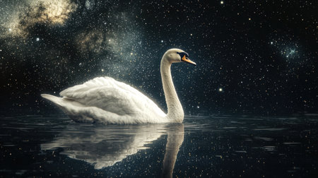 A stunning image showcasing a graceful swan gliding softly across a calm water surface, surrounded by a breathtaking starry night sky.の素材