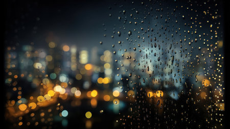 This image captures raindrops clinging to a window pane with vibrant city lights shimmering in the blurred background, enhancing the cozy atmosphere of a rainy night.の素材