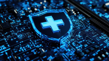 A striking digital shield icon stands out against a network of glowing blue circuits, representing the convergence of technology and cyber security.の素材