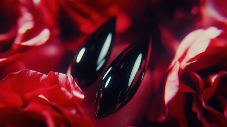 A striking composition of glossy black accents nestled among lush red rose petals, creating a bold and romantic atmosphere perfect for various themes.の素材