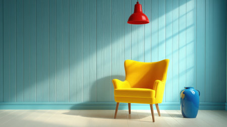 A cozy yellow armchair sits in a bright blue room, illuminated by soft natural light. A decorative vase complements the vibrant decor, creating a cheerful ambiance.の素材