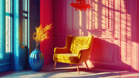A vibrant living room scene featuring a bright yellow armchair and a decorative vase, beautifully illuminated by warm sunlight creating interesting shadow effects on the colorful walls.の素材