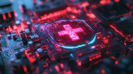 This image showcases a high-tech circuit board illuminated with vibrant red and blue lights, featuring a digital cross symbol, representing the intersection of technology and healthcare.の素材