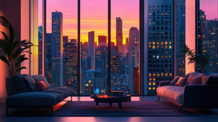 A stunning view of a modern apartment with a cozy interior showcasing a vibrant city skyline illuminated by a beautiful sunset.の素材