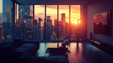 Experience the breathtaking beauty of a vibrant sunset illuminating a modern apartment interior with a stunning view of the city skyline.の素材