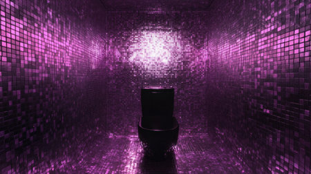 Discover a modern restroom featuring striking purple mosaic tiles that create a unique atmosphere, complemented by a stylish toilet design.の素材