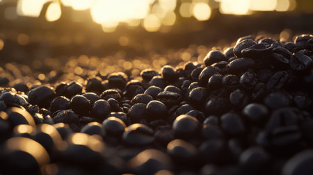 A close-up view of glimmering black pebbles resting on the ground, illuminated by soft sunlight creating a tranquil and serene atmosphere.の素材