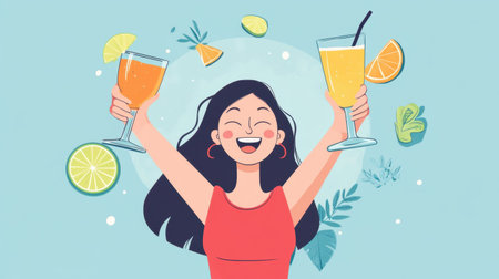 A joyful woman raises two vibrant cocktails with fresh citrus around her, embodying a spirit of celebration and summer fun.の素材