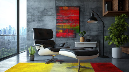 A stylish modern living room featuring a comfortable recliner chair, colorful area rug, abstract wall art, and stunning urban views, creating a cozy and inviting atmosphere.の素材