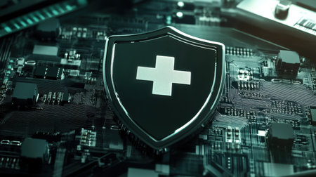 A captivating digital illustration featuring a shield with a cross symbol, set against a complex circuit board background, representing cybersecurity and data privacy.の素材
