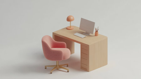 This image showcases a beautifully arranged minimalist home office setup featuring a modern desk, stylish chair, desk lamp, and computer monitor, creating an inspiring workspace ideal for productivity and comfort.の素材