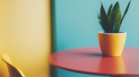 A striking indoor plant placed on a red round table creates a vibrant focal point against colorful walls, adding a modern touch to any space.の素材