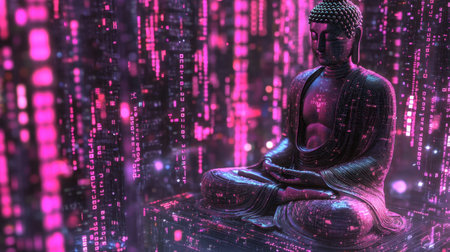This captivating image features a serene Buddha statue surrounded by vibrant pink and purple digital matrix patterns, blending spirituality with technology.の素材