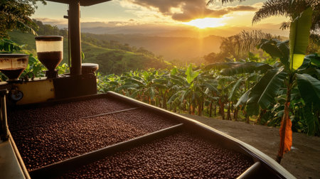 A stunning view of coffee beans drying under the warm sunlight on a farm, with a breathtaking sunset illuminating the lush landscape.の素材