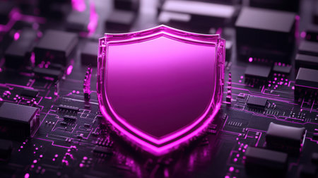 A futuristic digital shield radiates with a vibrant pink glow, set against a detailed circuit board, representing advanced cybersecurity concepts.の素材